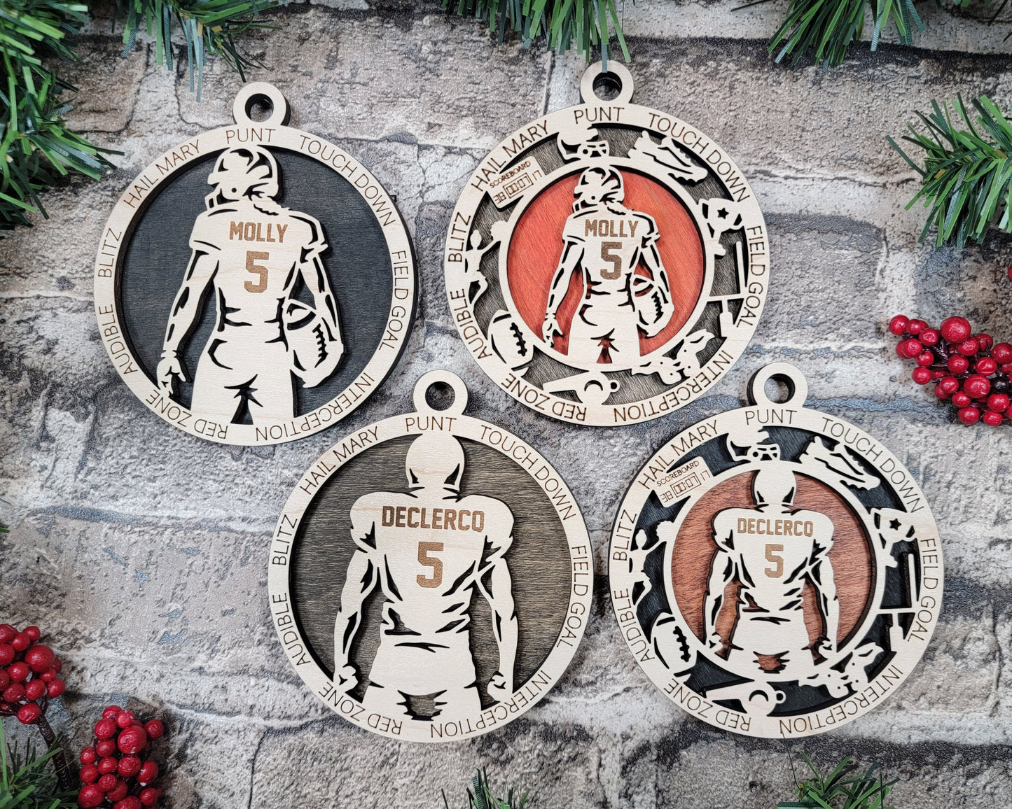 Football Christmas ornaments.