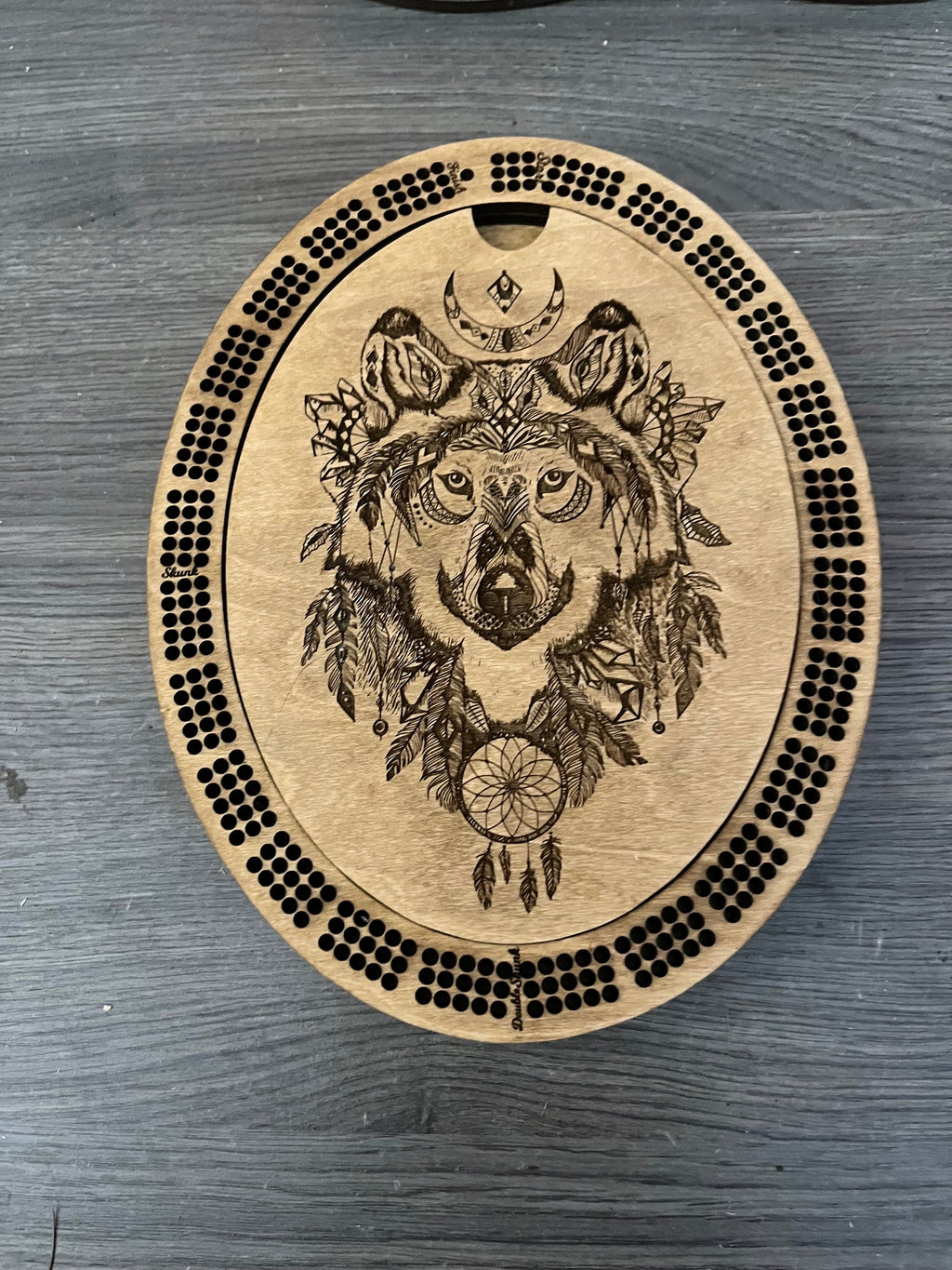 Cribbage board with hunting scenes fully personalized.
