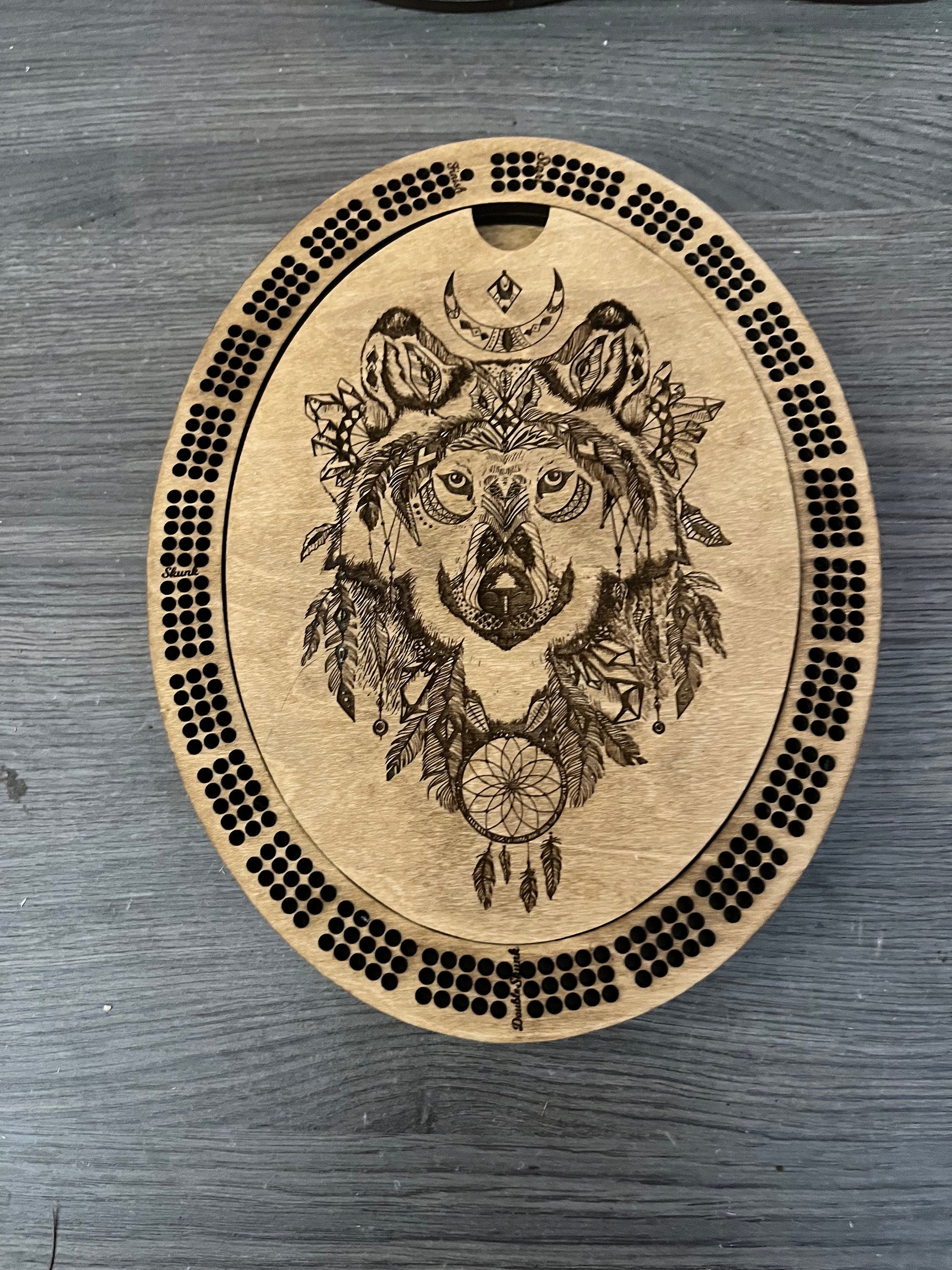 Cribbage board with hunting scenes fully personalized.