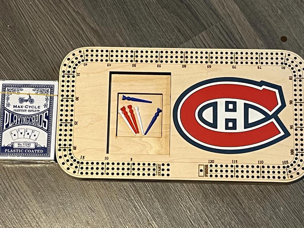 cribbage board with painted logo