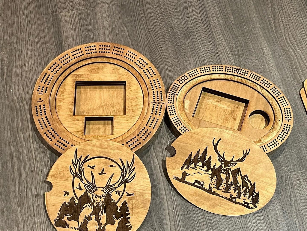 Cribbage board with hunting scenes fully personalized.