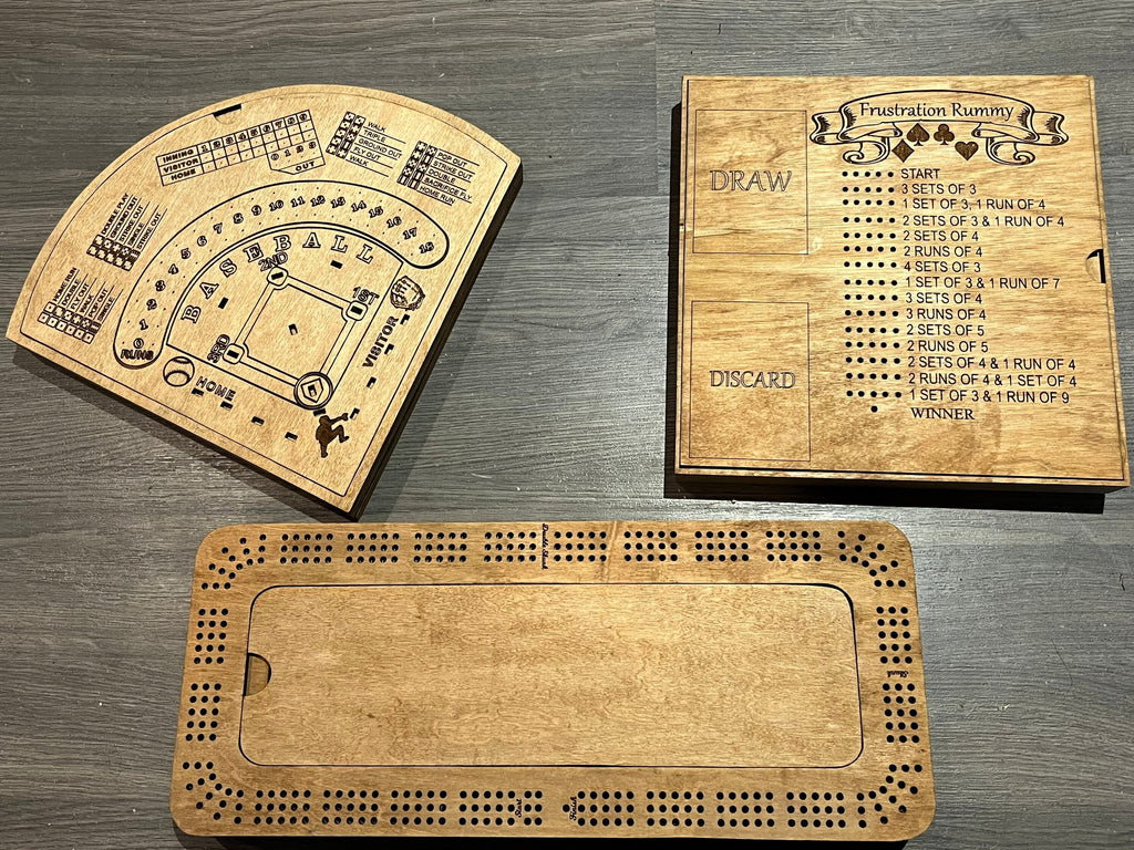 Cribbage, dice baseball and frustration rummy combo