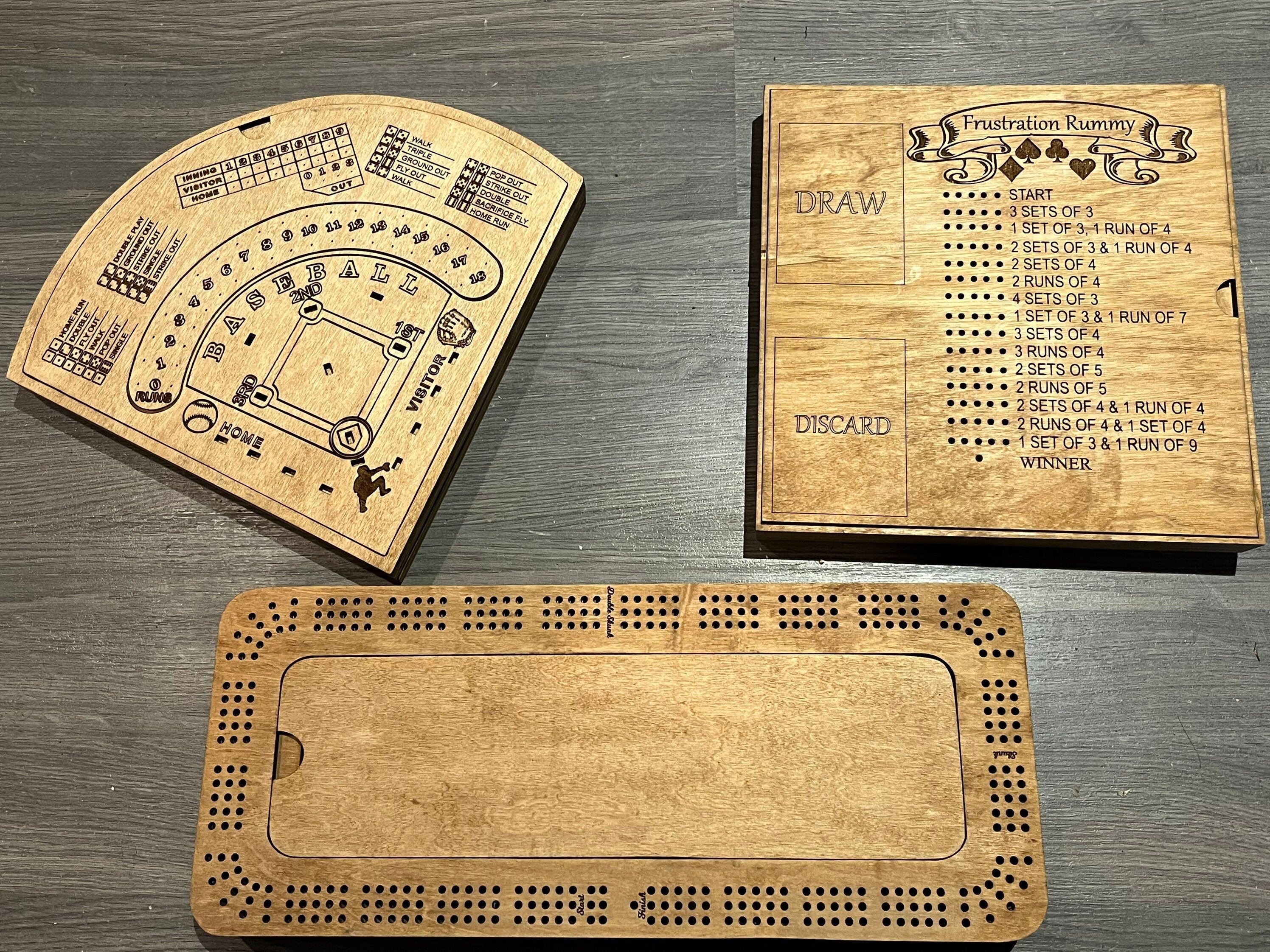 Cribbage, dice baseball and frustration rummy combo
