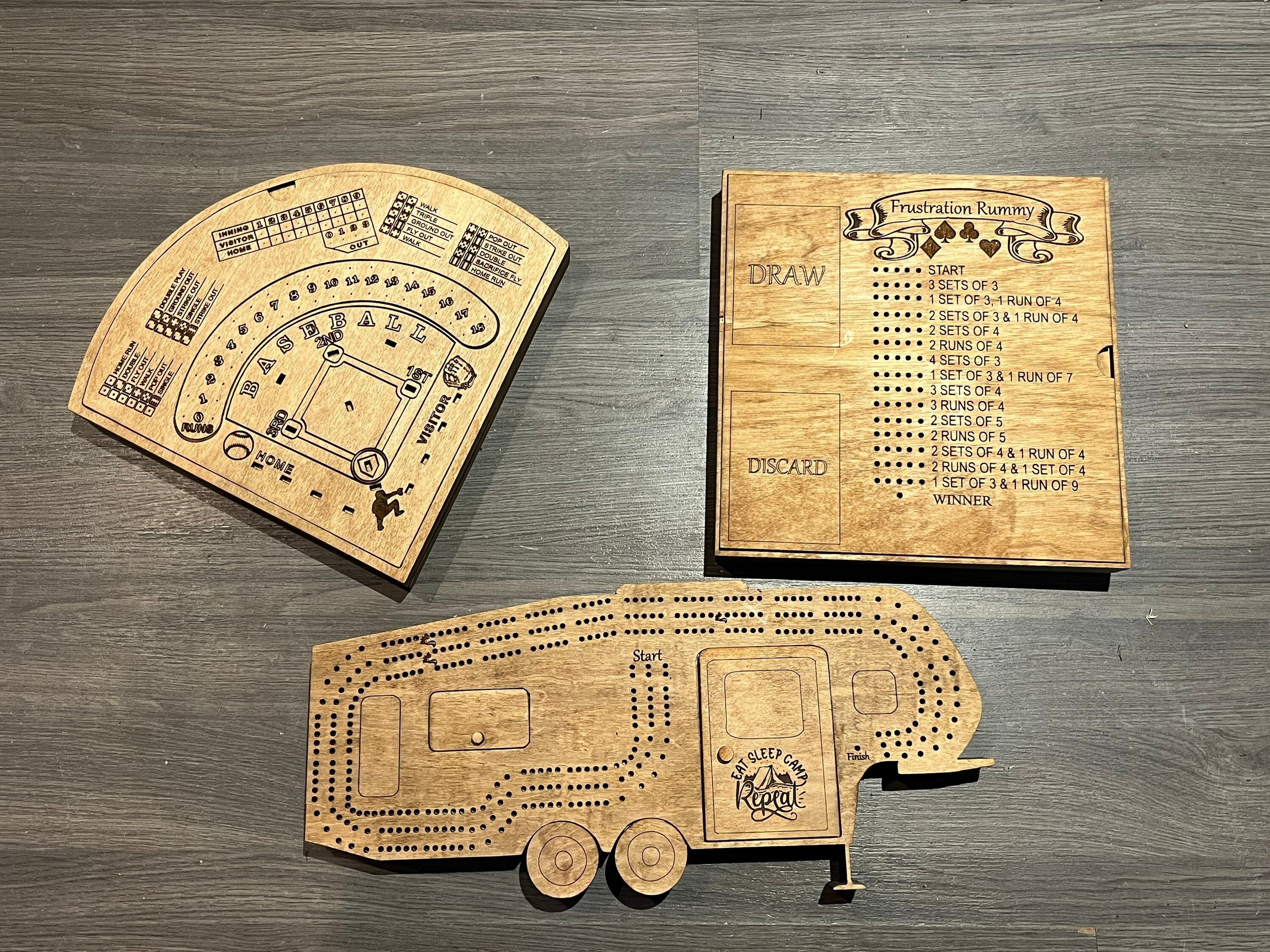 Cribbage, dice baseball and frustration rummy combo