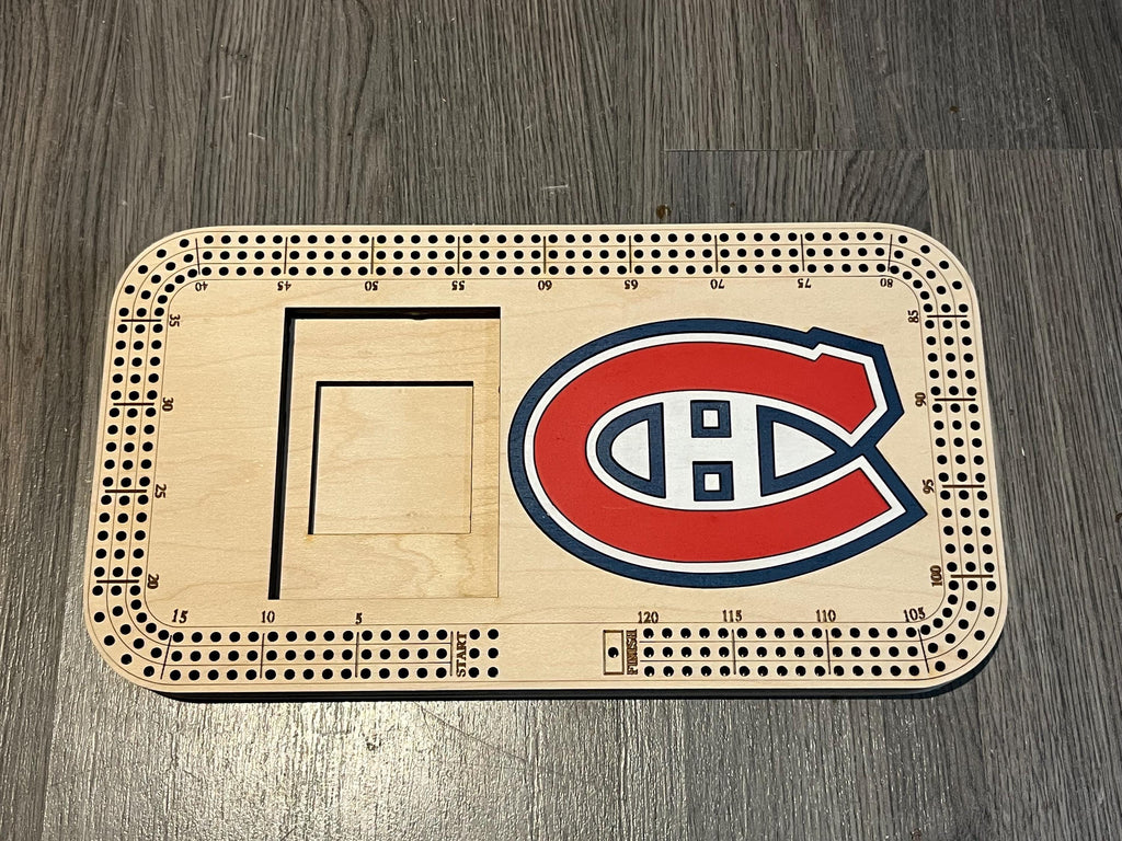 cribbage board with painted logo