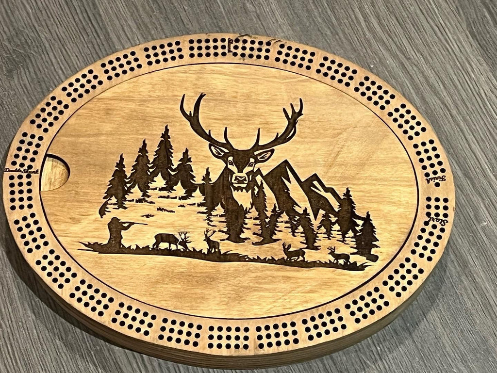 Cribbage board with hunting scenes fully personalized.