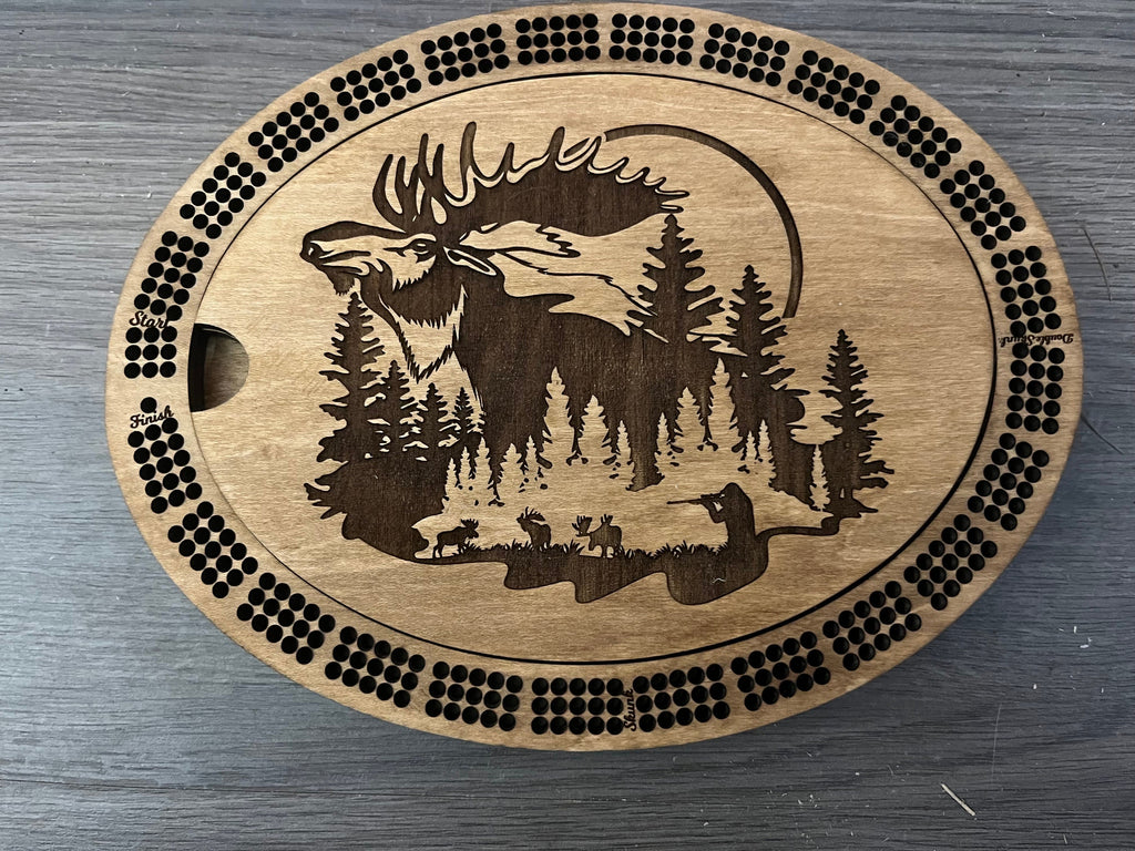 Cribbage board with hunting scenes fully personalized.