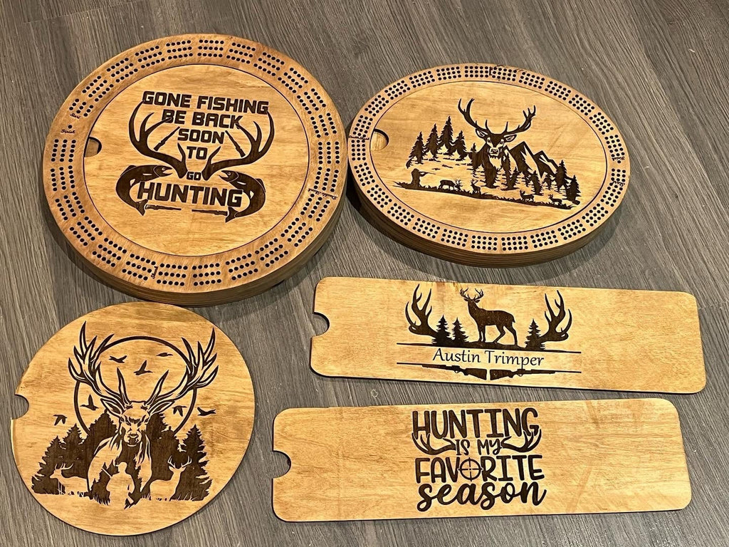 Cribbage board with hunting scenes fully personalized.
