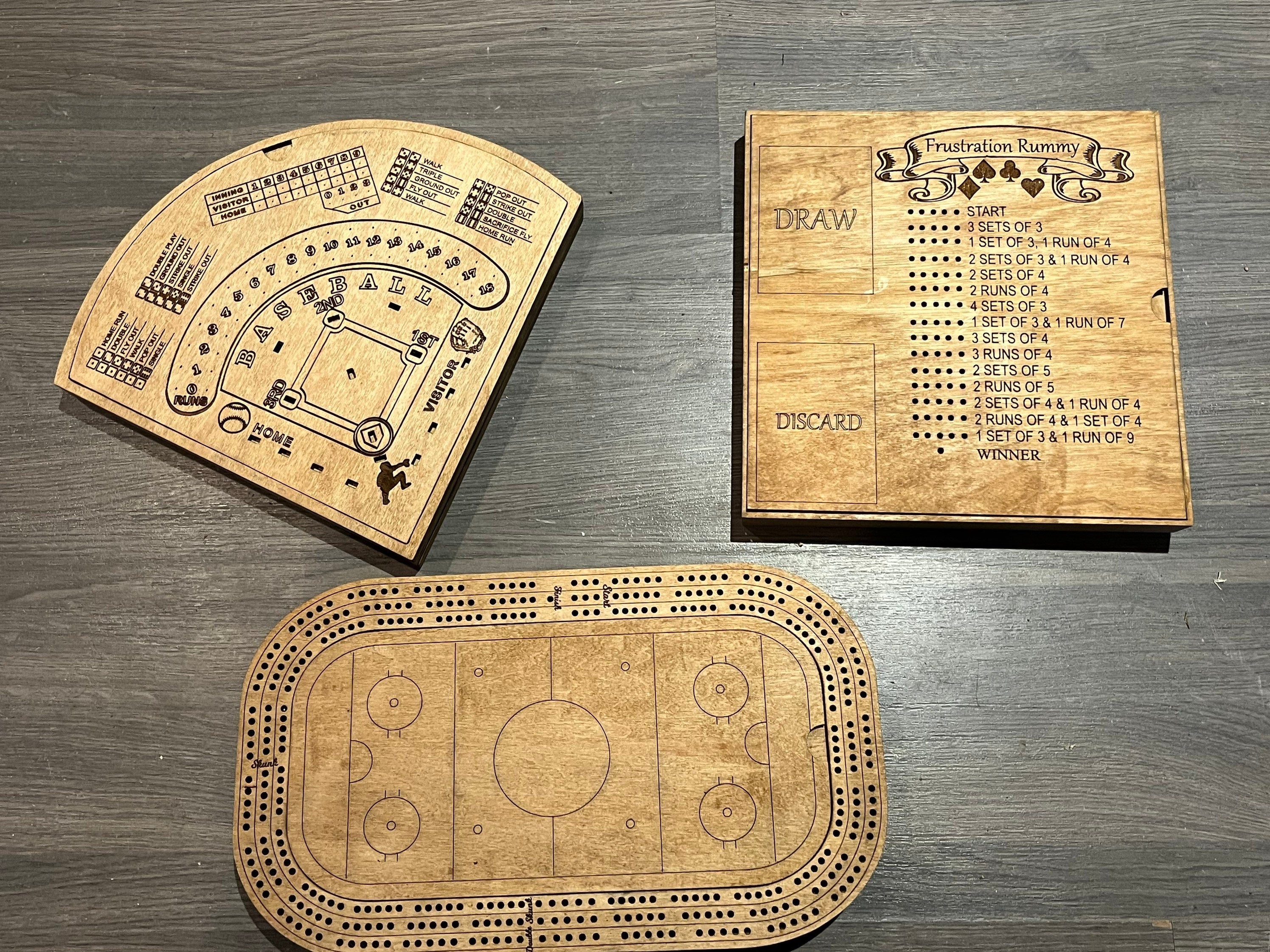 Cribbage, dice baseball and frustration rummy combo