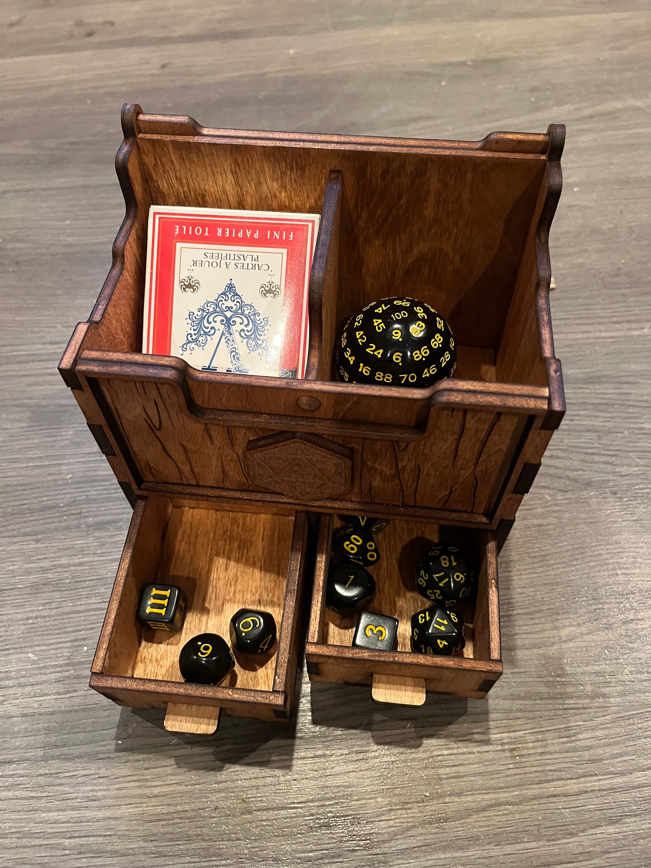Customizable dice, card game piece storage
