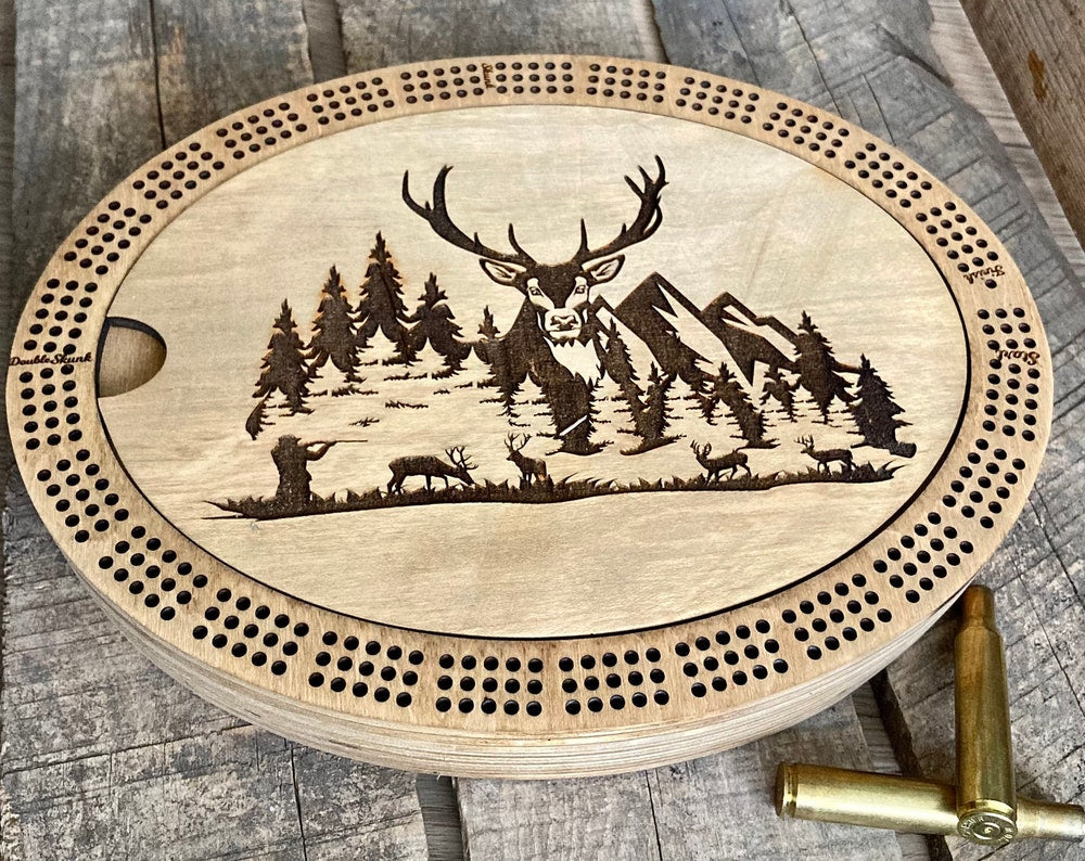 Cribbage board with hunting scenes fully personalized.